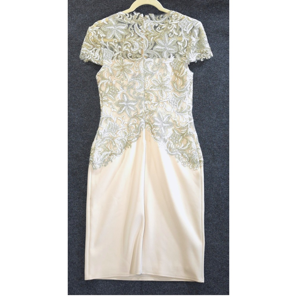 Tadashi Shoji Glam Lace Embroidered Cocktail Dress 6 Champagne Gold Silver Luxe - Picture 7 of 11